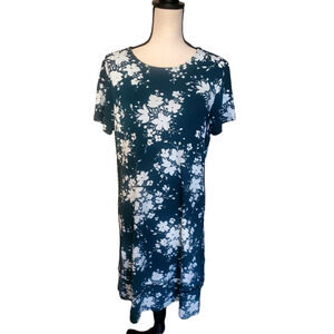J Jill Wearever Collection Green & White Floral Print Pleated Back Knit Dress M